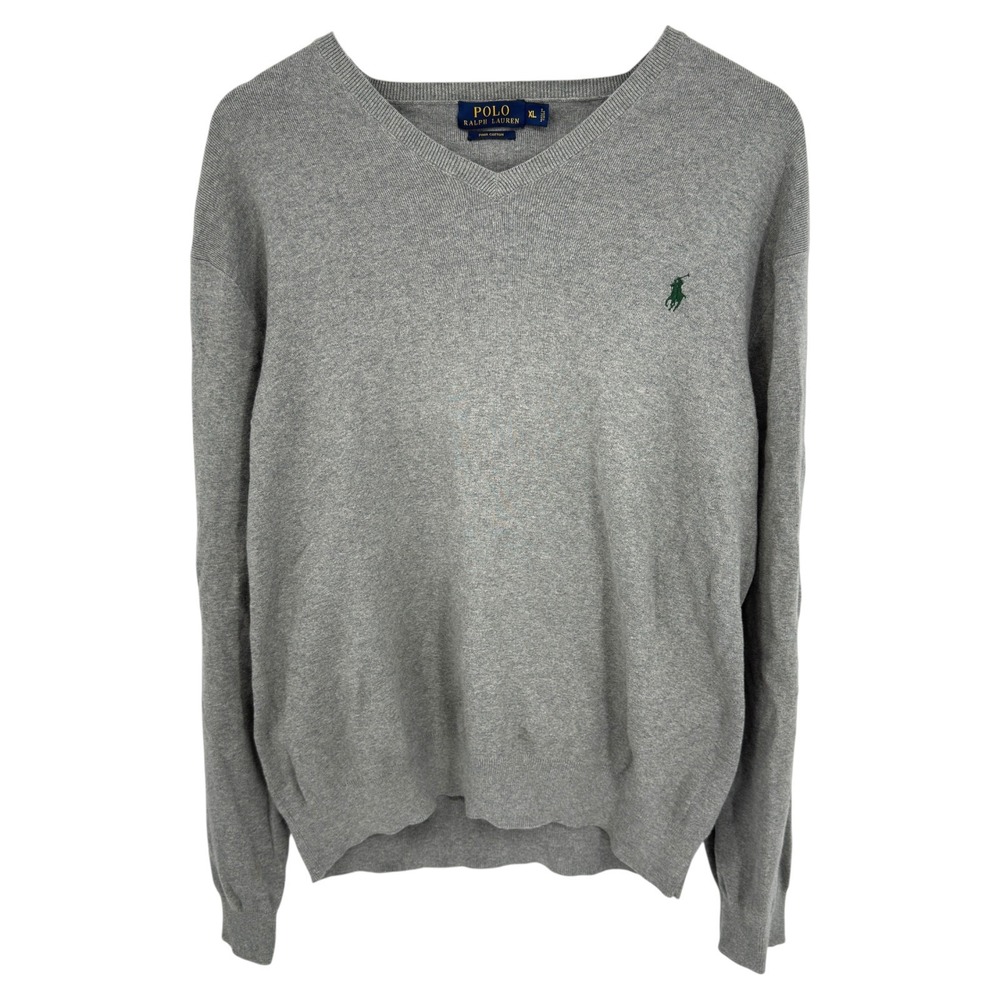 Polo Ralph Lauren Men's XL Gray Pima Cotton V-Neck Sweater Green Pony Preppy